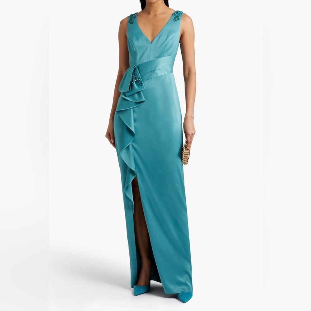 US 2 MARCHESA NOTTE Embellished ruffled satin-crepe gown NWT